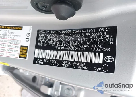 2021 Toyota Prius Prime Le z USA, uszkodzony, nr VIN JTDKAMFP8M3196470